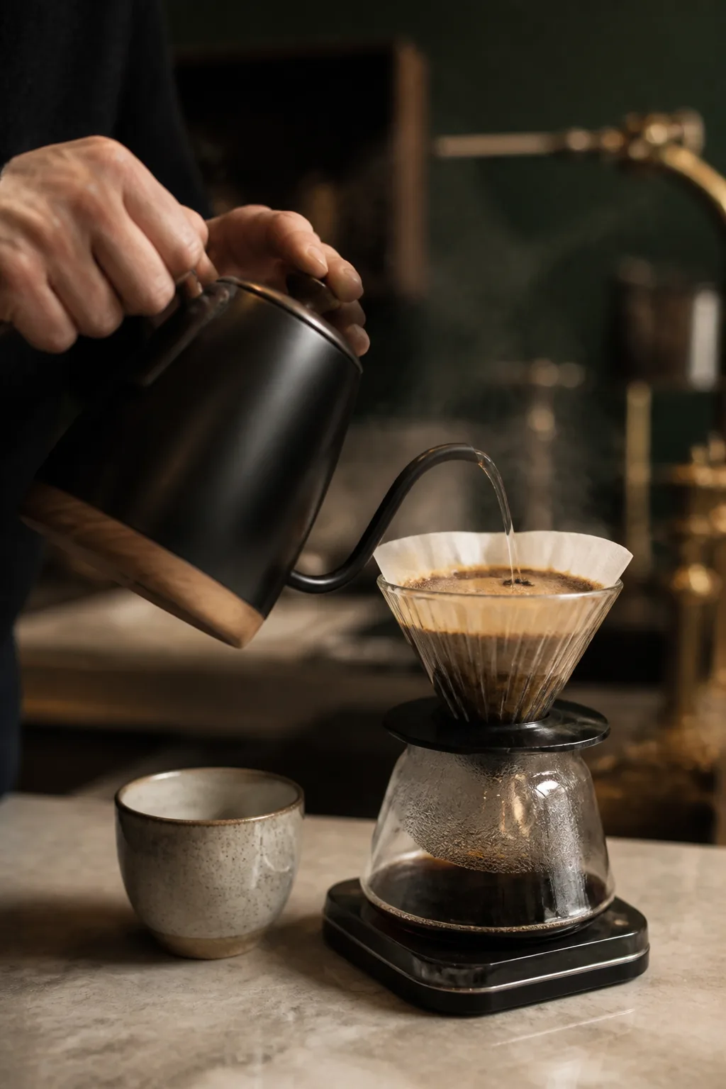 Geste conceptuel de préparation d'un café filtre